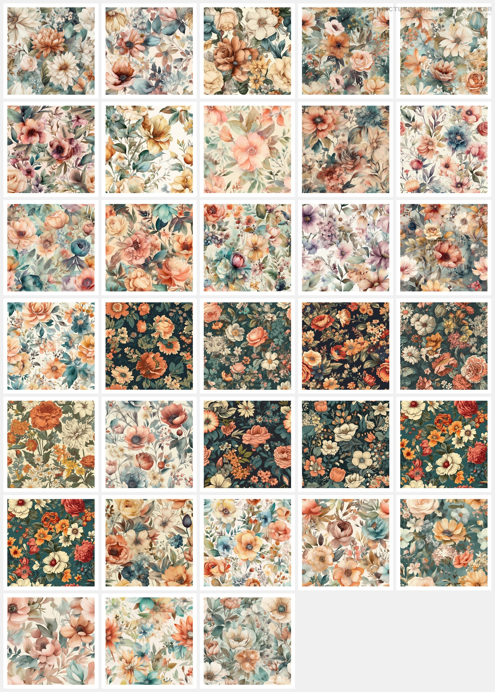 Old Fashioned Flowers Art Digital Paper pack, seamless pattern / tiles, 3072 x 3072 pixels, 300dpi, JPEG, SVG, 32 images - ArtRemade