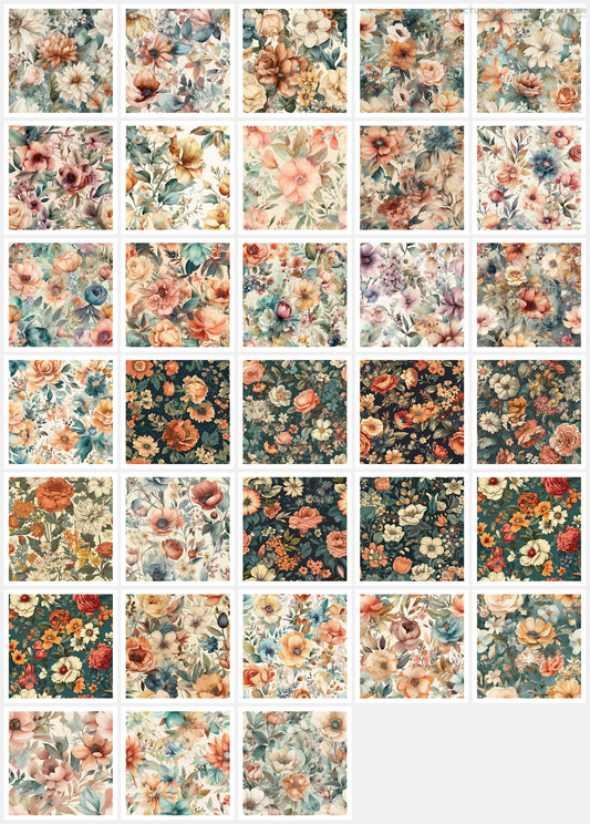 Old Fashioned Flowers Art Digital Paper pack, seamless pattern / tiles, 3072 x 3072 pixels, 300dpi, JPEG, SVG, 32 images - ArtRemade