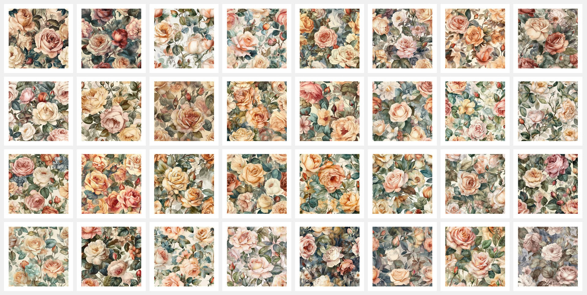 Old Fashioned Roses Art Digital Paper pack, seamless pattern / tiles, 3072 x 3072 pixels, 300dpi, JPEG, SVG, 32 images - ArtRemade