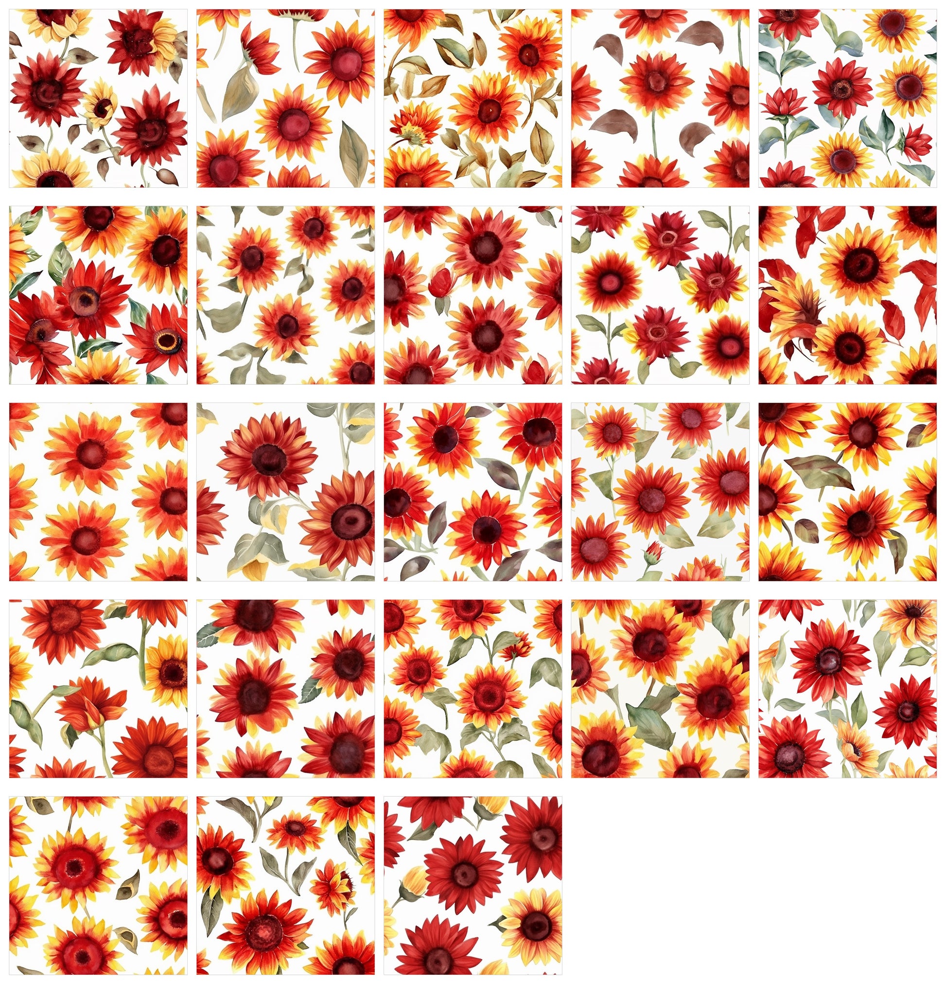 Red Sunflower Art Digital Paper pack, seamless pattern / tiles, 3072 x 3072 pixels, 300dpi, JPEG, SVG, 23 images - ArtRemade