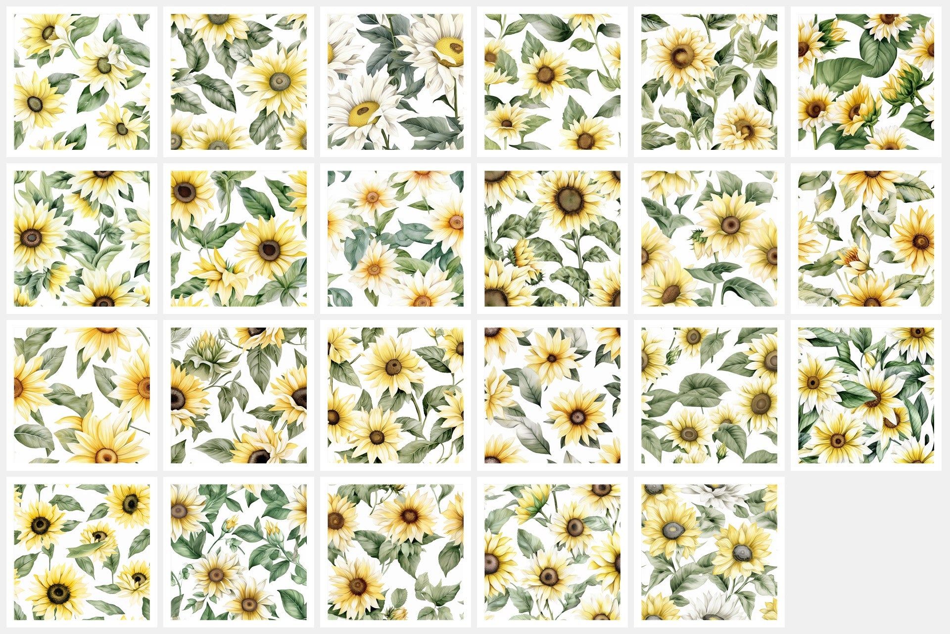 Italian White Sunflower Art Digital Paper pack, seamless pattern / tiles, 3072 x 3072 pixels, 300dpi, JPEG, SVG, 23 images - ArtRemade