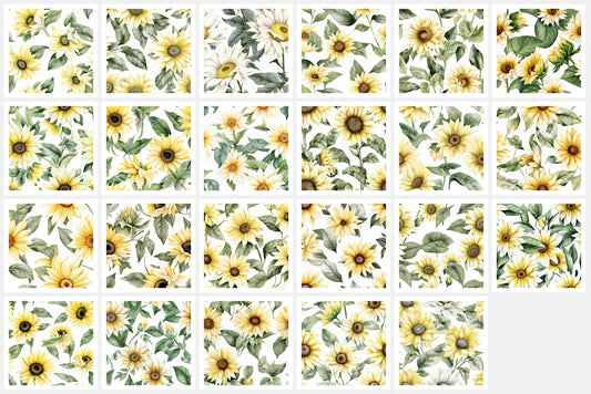 Italian White Sunflower Art Digital Paper pack, seamless pattern / tiles, 3072 x 3072 pixels, 300dpi, JPEG, SVG, 23 images - ArtRemade
